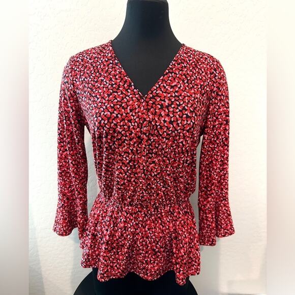 MICHAEL KORS | Red Floral Peplum Blouse Long Sleeve V-Neck Top | Size Small - Picture 3 of 7